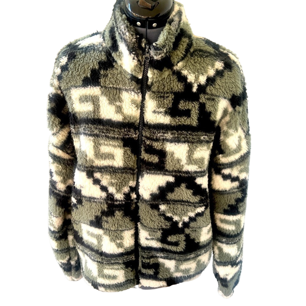 Roxy Women's Sz M Off The Wave Sherpa Green Fuzzy Printed Full-Zip Fleece NWT